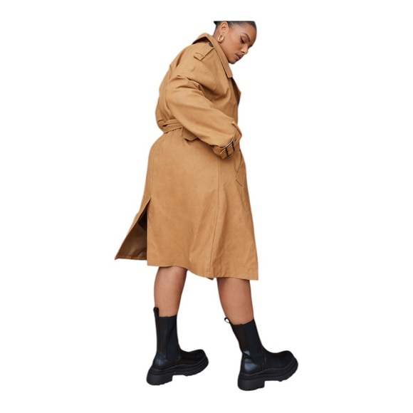 Pretty Little Thing Plus Faux Leather Statement Buckle Trench Coat Tan Size 18 - Picture 3 of 17